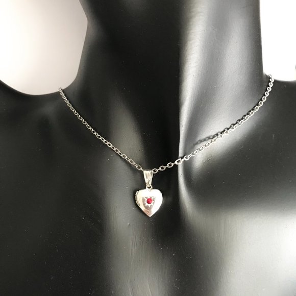 Vintage Silver Heart Locket Necklace Dainty Small Charm 18" Plated Red Stone - Picture 4 of 10